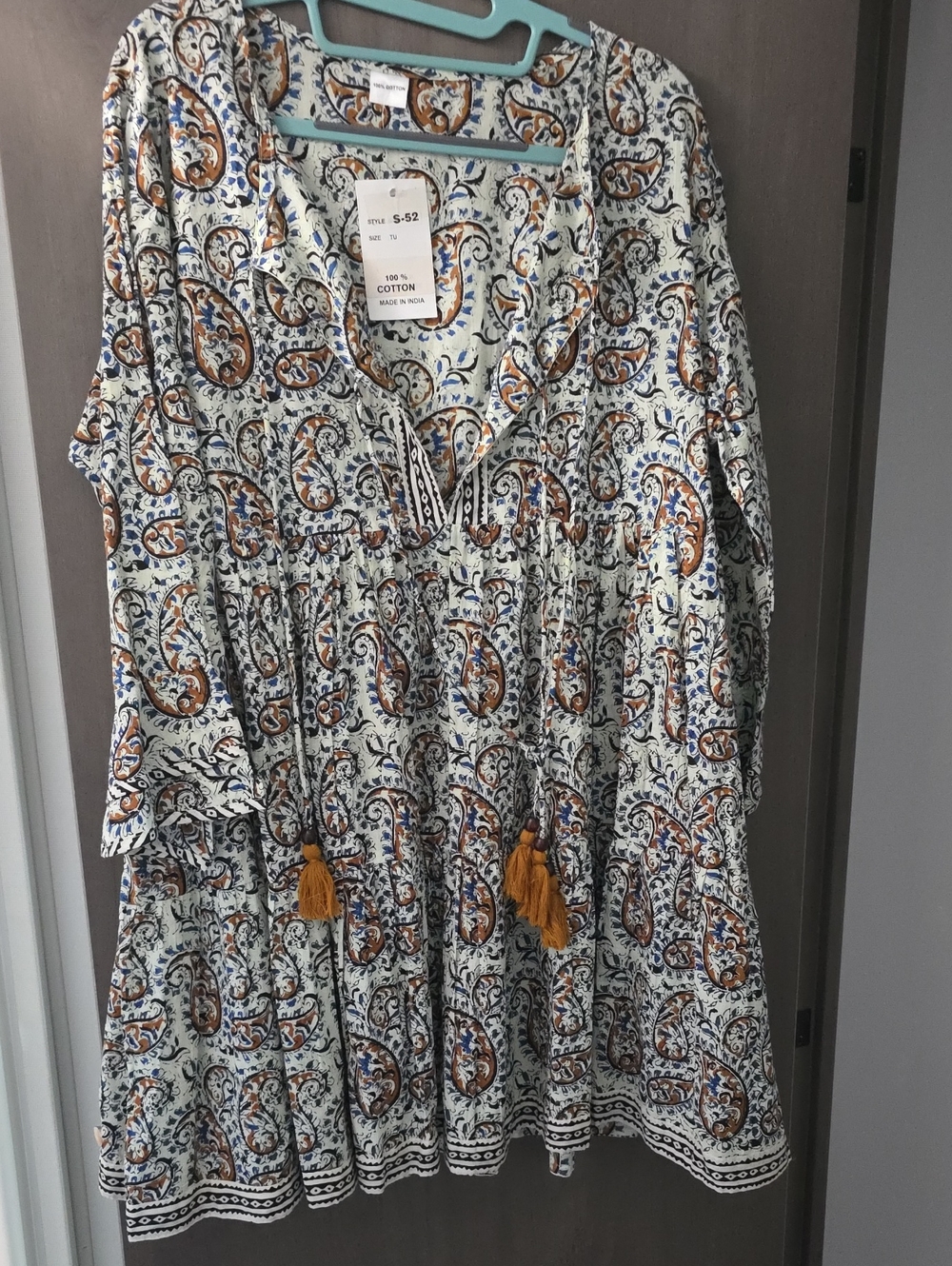 Boho Paisley Cotton Tunic Dress - White with Brown & Blue Accents